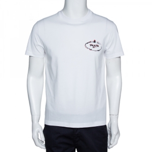 Prada White Cotton Logo Print Crew Neck T-Shirt M 