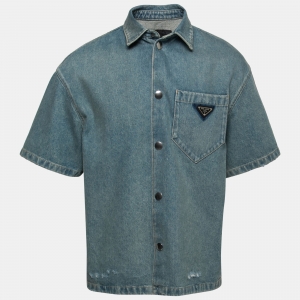 Prada Blue Enameled Metal Triangle Logo Denim Shirt M