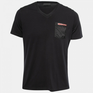 Prada Black Stretch Cotton Patch Pocket Detail V-Neck T-Shirt L
