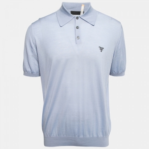 Prada Blue Wool Knit Logo Embroidered Polo T-Shirt XXL