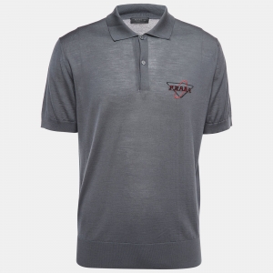 Prada Grey Logo Patterned Wool Polo T-Shirt XXL