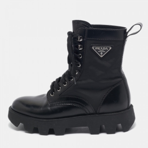 Prada Black Leather and Nylon Combat Boots Size 40