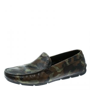 Prada Green Camouflage Print Saffiano Leather Loafers Size 41