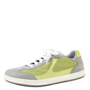 Prada Grey/Neon Green Suede and Mesh Lace Up Low Top Sneakers Size 43