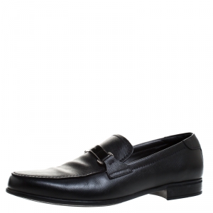 Prada Black Saffiano Leather Plate Bit Logo Loafers Size 42.5