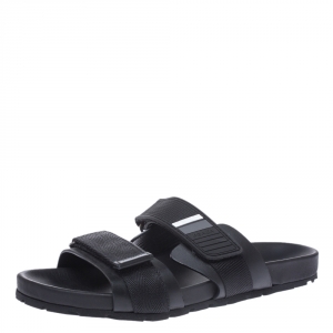 Prada Black Leather And Nylon Velcro Flat Slides Size 41