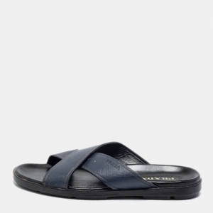 Prada Navy Blue Saffiano Leather Criss Cross Flat Slide Sandals Size 42.5