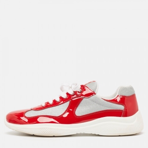 Prada Red/Grey Patent and Mesh Punta Ala Sneakers Size 45