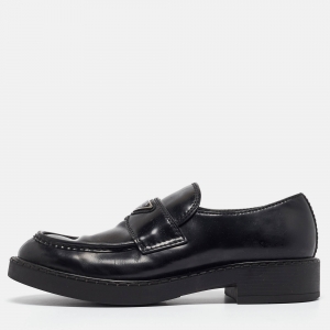 Prada Black Leather Badge Front Chocolate Brushed Loafers Size 43