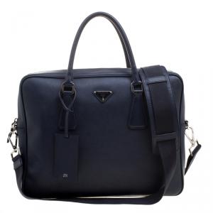 Prada Navy Blue Saffiano Leather Classic Laptop Bag