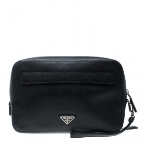 Prada Black Saffiano Leather Portfolio Zip Clutch