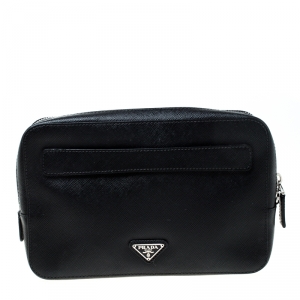 Prada Black Saffiano Leather Studded Travel Pouch