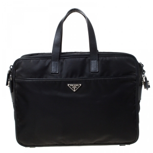 Prada Black Nylon and Leather Zip Briefcase