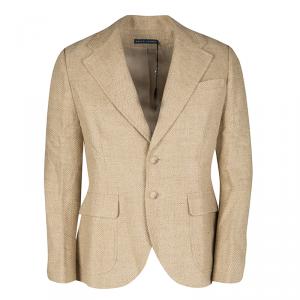 Pre Owned Ralph Lauren Beige Herringbone Weave Linen Blend Two Button Blazer L