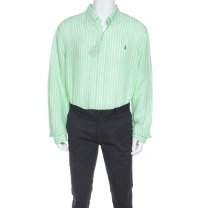 Pre Owned Ralph Lauren Green Striped Ocean Wash Linen Slim Fit Shirt XXL