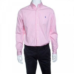 Pre Owned Ralph Lauren Pink and White Striped Cotton Button Down Custom Fit Shirt M