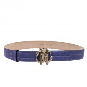 Roberto Cavalli Purple Croc Embossed Leather Logo Buckle Belt 100CM