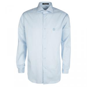 Roberto Cavalli Blue and White Striped Logo Embroidered Long Sleeve Button Front Shirt L
