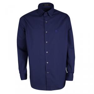 Roberto Cavalli Blue Cotton Logo Embroidered Long Sleeve Button Front Shirt XXL