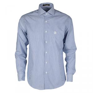 Roberto Cavalli Blue and White Striped Cotton Long Sleeve Slim Fit Shirt 4XL