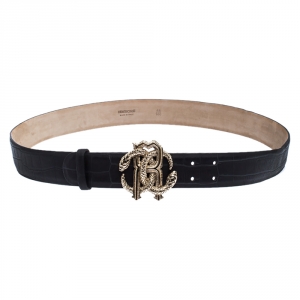 Roberto Cavalli Black Croc Embossed Leather Logo Buckle Belt 100CM