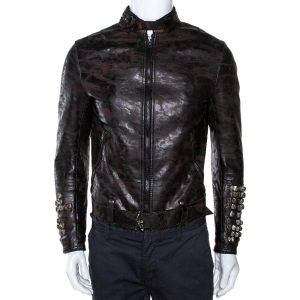 Pre Owned Roberto Cavalli Black Marble Print Leather Studded Jacket M 