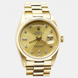 Pre Owned Rolex President Day-Date 18038 Automatic Champagne Diamond 18k Yellow Gold Men's Wristwatch 36 mm