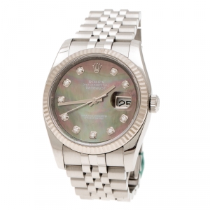 Pre Owned Rolex Dark Mother of Pearl 18K White Gold and Stainless Steel Diamonds Datejust 116234 Men's Wristwatch 36 mm