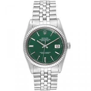 Pre Owned Rolex Green 18K White Gold and Stainless Steel Datejust Vintage 1601 Men's Wristwatch 36MM
