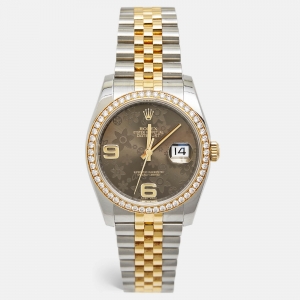 Pre Owned Rolex Brown Flower Motif 18K Yellow Gold Diamond Stainless Steel Datejust 116243 Unisex Wristwatch 36 mm 