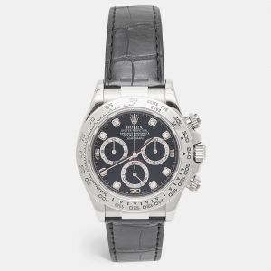 Rolex Black Diamond 18K White Gold Crocodile Leather Cosmograph Daytona 116519 Men's Wristwatch 40 mm