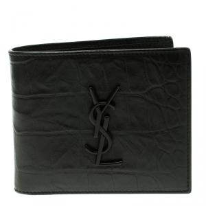 Saint Laurent Black Croc Embossed Leather Bifold Wallet