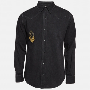 Saint Laurent Paris Black Logo Printed Denim Shirt XL