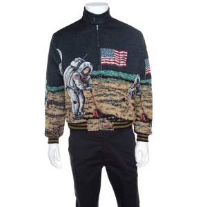 Saint Laurent Paris Astronaut and Moon Pattern Jacquard Bomber Jacket L