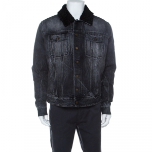 Saint Laurent Paris Black Shearling Lined Distressed Denim Jacket XL 