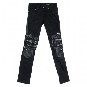 Saint Laurent Paris Black Denim Zip-Knee Leather-Panel Jeans M