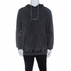 Saint Laurent Paris Grey Acid Wash Cotton Jersey Hoodie XL