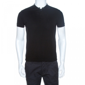 Saint Laurent Paris Black Cotton Pique Leather Collar Detail Polo T-Shirt M