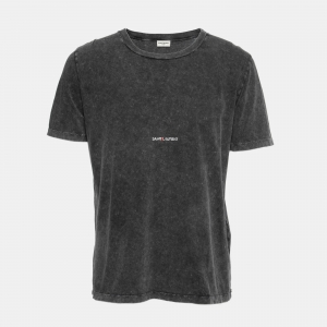 Saint Laurent Paris Grey Logo Print Cotton Distressed Effect T-Shirt S