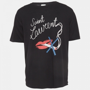 Saint Laurent Paris Black Printed Cotton Crew Neck T-Shirt M