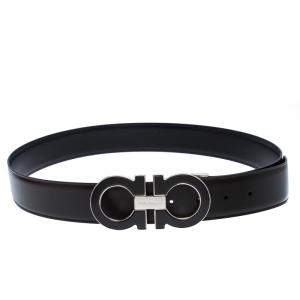 Pre Owned Salvatore Ferragamo Taupe/Black Leather Gancini Belt 105CM