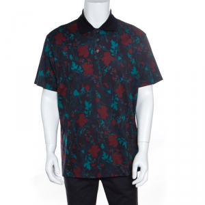 Salvatore Ferragamo Black Cherry Floral Printed Cotton Polo T-Shirt XXL
