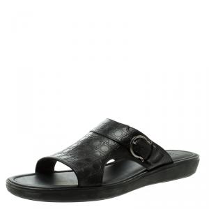 Salvatore Ferragamo Black Gancio Embossed Leather Raja Flat Sandals Size 43