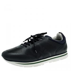 Salvatore Ferragamo Navy Blue Perforated Leather Mustang Sneakers Size 44.5