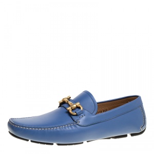 Pre Owned Salvatore Ferragamo Blue Leather Parigi Gancini Driver Loafers Size 44.5