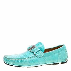 Pre Owned Salvatore Ferragamo Aqua Green Lizard Sardegna Loafers Size 42.5