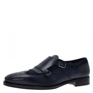 Pre Owned Salvatore Ferragamo Navy Blue Leather Marlin Brogue Fringe Monk Strap Derby Size 44