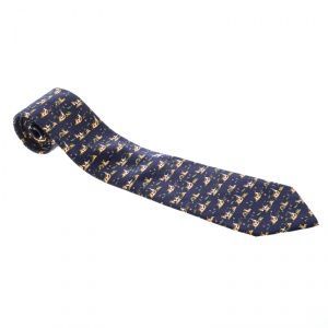 Pre Owned Salvatore Ferragamo Navy Blue Dog Printed Silk Tie
