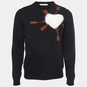 Salvatore Ferragamo Black Wool Knit Fur Heart Sweater M