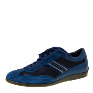 Salvatore Ferragamo Navy Blue Fabric and Leather Lace Up Low Top Sneakers Size 45